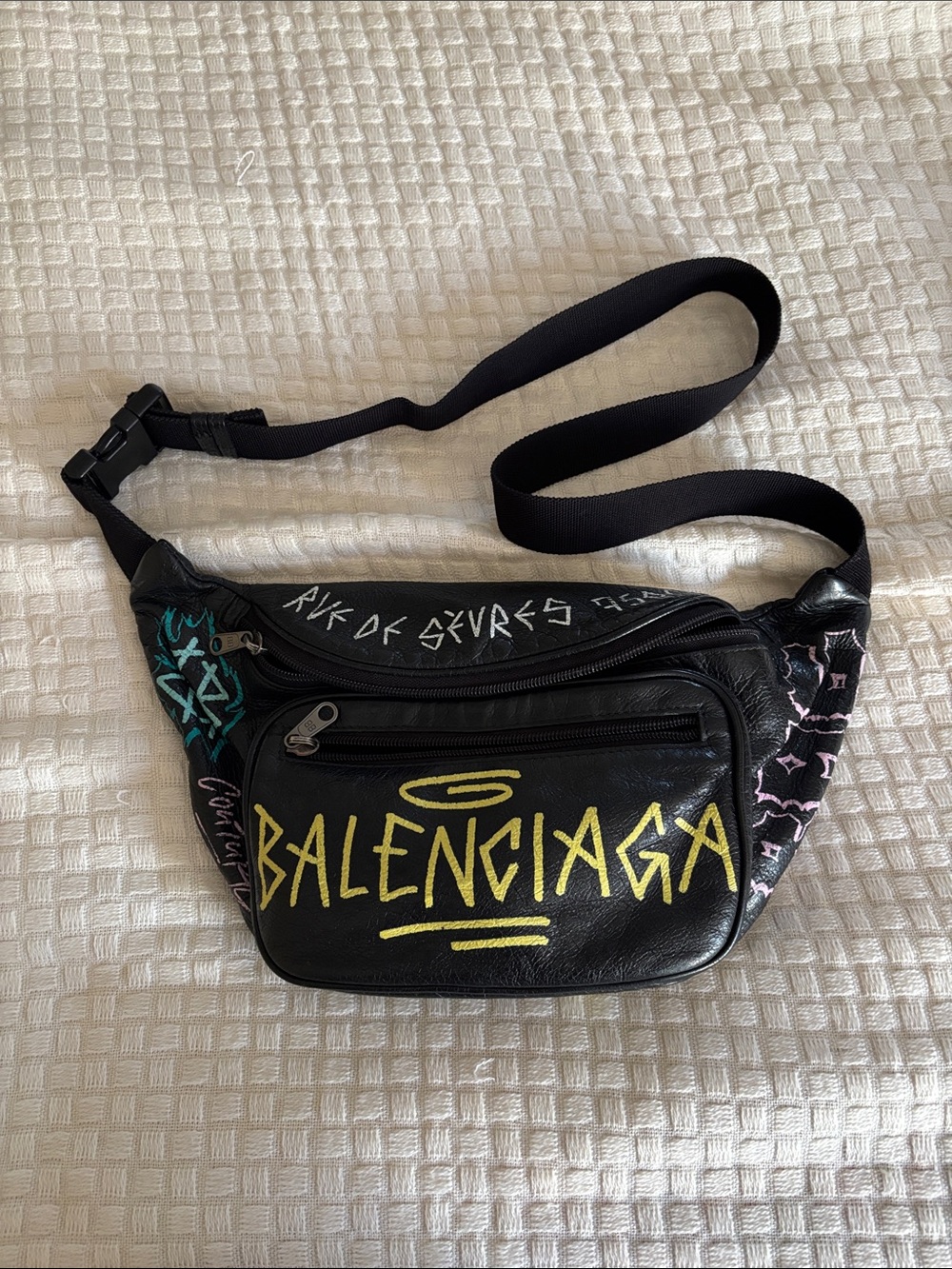 Balenciaga Black Leather Graffiti Logo Belt Bag